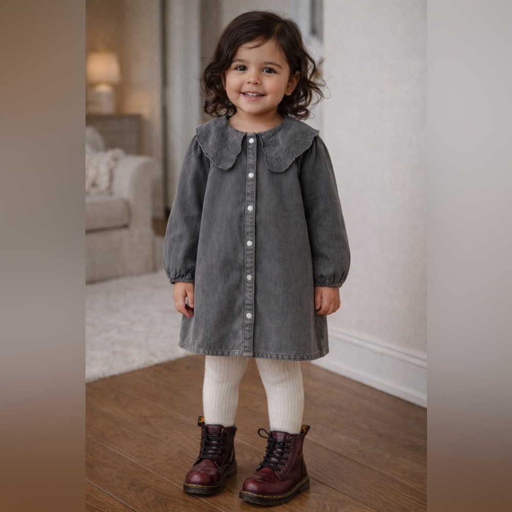 ZARA Washed Denim Tunic with Oversized Eyelet Collar